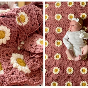 Crochet granny square blanket with pink floral squares and yellow daisy motifs