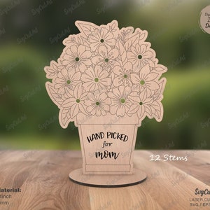 Laser-cut wooden flower holder stand with floral design, 'Hand picked from mom' (12 stems)
