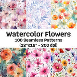 100 Watercolor Flower Seamless Pattern, Watercolor Floral Paper, Flowers Digital Paper, Flowers Collage Sheets, Watercolor Flower Background
