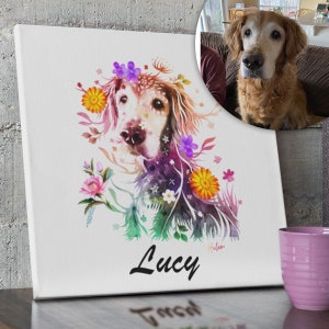 Personalized dog memorial portrait with watercolor dog, flowers, and name 'Lucy'