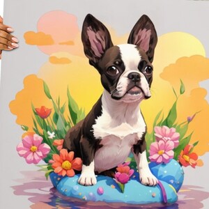 Boston Terrier pastel watercolor wall decor with flowers, puppy sitting on blue oval