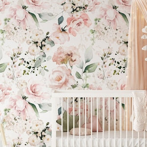 Floral nursery wallpaper with light pink roses, peonies, and green leaves pattern