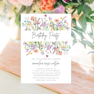 Floral birthday party invitation card, printable with colorful wildflowers and confetti text