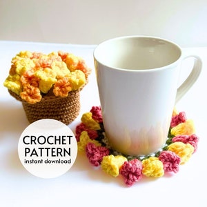 Crochet flower pot coaster set pattern with colorful flower coasters for mug