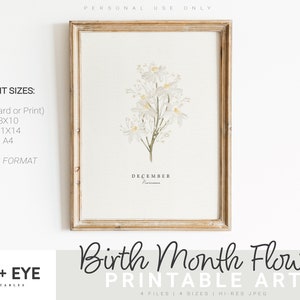 Framed December birth flower printable with watercolor narcissus and "DECEMBER" text