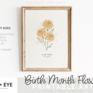 Framed watercolor marigold birth month flower print, October text