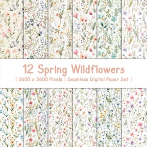 Seamless spring wildflowers watercolor digital paper set, 12 patterns with floral motifs