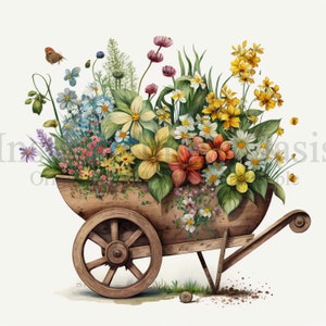 Wooden wheelbarrow filled with colorful flowers clipart, floral art