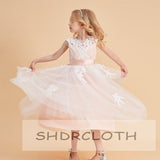 Blush Lace flower girl dress, tulle flower girl dress, illusion birthday girl dress with lace applique, tutu flower girl dress,