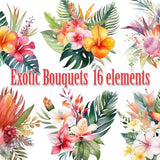 Watercolor Tropical Flowers Clipart,Tropical Bouquets,Floral clipart,Plumeria clipart,Jungle flowers png,Hibiscus flowers Png,Summer clipart