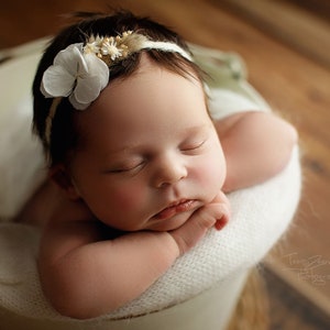 Cute white headband with real hydrangea blossoms, baby wreath, photoshoot prop, baby halo, backtie headband