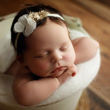 Cute white headband with real hydrangea blossoms, baby wreath, photoshoot prop, baby halo, backtie headband