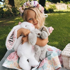 Personalized bunny plush toy with gray-and-white stuffed rabbit figure