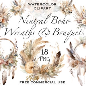 Neutral boho wreath and bouquet clipart bundle with feather elements, 18 PNG set
