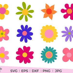 Set of colorful doodle flower clipart icons with pink, blue, orange, green petals