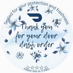 Round door-delivery sticker with blue floral wreath and 'Thank you for your door dash order'