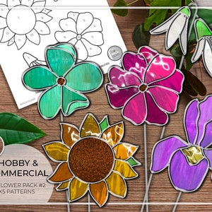 Stained glass flower pattern set with 5 color designs: teal, magenta, yellow, purple
