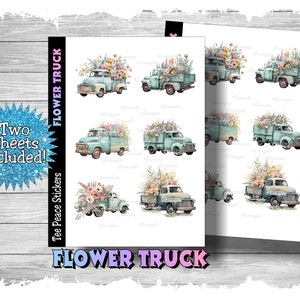 Vintage flower truck sticker sheets with blue truck designs on two pages