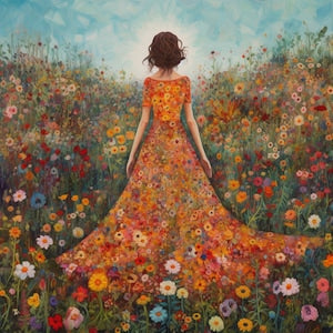 Woman in a colorful floral field cross stitch pattern digital download