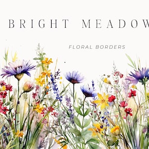 Watercolor floral border set with mixed wildflowers and stems, bright meadow colors