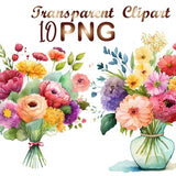 Watercolor birthday flower bouquet clipart set, 10 PNG files