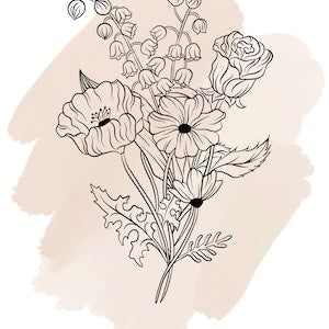 Personalized birth flower line and watercolor art print with bouquet sketch in black ink