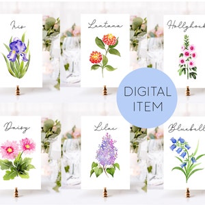 Watercolor wildflower table name cards for printing, featuring flower-themed name designs
