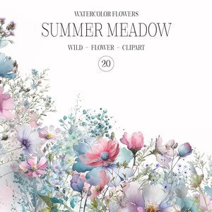 Watercolor wildflower clipart set with pastel summer meadow flowers, 20 pieces
