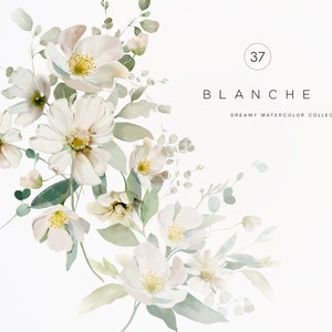 Watercolor white floral arrangement with daisies, yellow centers, and green leaves
