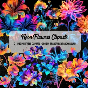 Neon watercolor flower clipart bundle: 21 PNG designs with transparent background