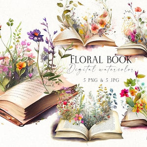 Watercolor floral book clipart: open book with pressed flowers and garden blooms