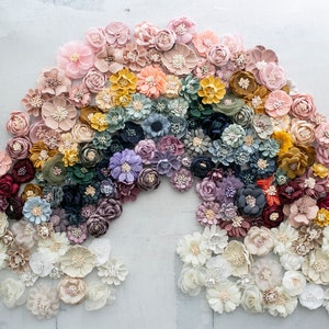 Rainbow mini fabric and felt flowers wreath with small layered blooms, assorted colors
