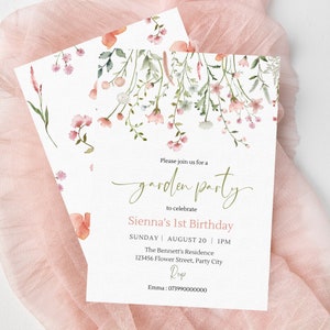 Floral garden party 1st birthday invitation card with watercolor leaves and wording