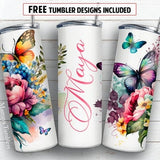 Name 20 oz skinny tumbler sublimation design Flowers Butterfly Add text blank Seamless floral digital PNG Straight wrap Waterslide download