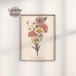 Framed custom wall art print of a pastel flower bouquet with stems and blooms