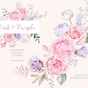 Watercolor floral invitation card with pink and purple rose bouquet wreath
