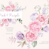 watercolor flower clipart,pink rose bouquet,purple flower frame,Floral arrangements,wedding invitation