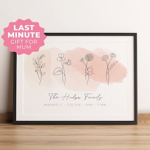 Framed birth flower line art with soft pink watercolor wash and cursive names