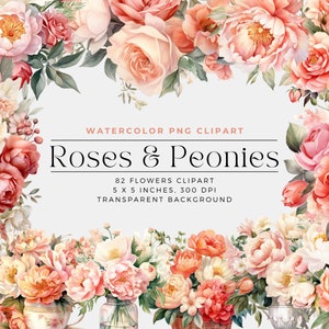 Watercolor floral clipart bundle with pink roses and peonies, bouquet elements