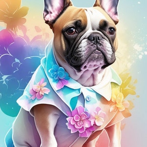French bulldog wearing a pastel floral button-up shirt, close-up portrait