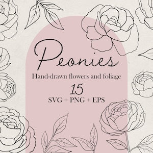 Peonies floral line art vector set with peony flowers, leaves, and 15 SVG/PNG/EPS files