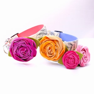 Velvet rose dog collar with removable fabric flower accents: pink and orange roses on a pink strap