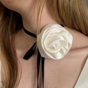 White rose flower choker with black ribbon