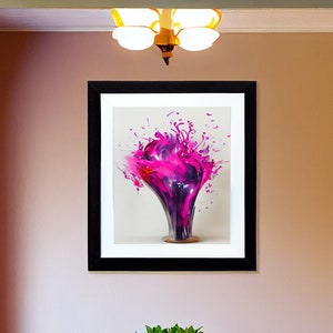 Framed abstract floral wall art print with magenta-purple vase splash