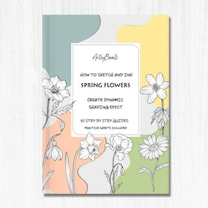 Spring flowers drawing guide book cover with botanical line art and title panel
