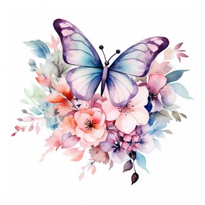 Watercolor butterfly with floral bouquet elements, colorful pink blue purple design