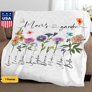 Custom mom’s garden blanket with multicolor flower and butterfly prints, white fabric