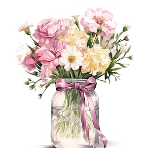 Pink and cream flower bouquet in clear glass vase with purple ribbon bow clipart