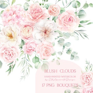 Watercolor floral bouquet clipart with blush pink roses, white flowers, and eucalyptus leaves