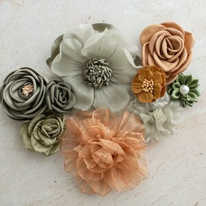Assorted fabric flower bundle with sage, tan, peach, and green layered blooms